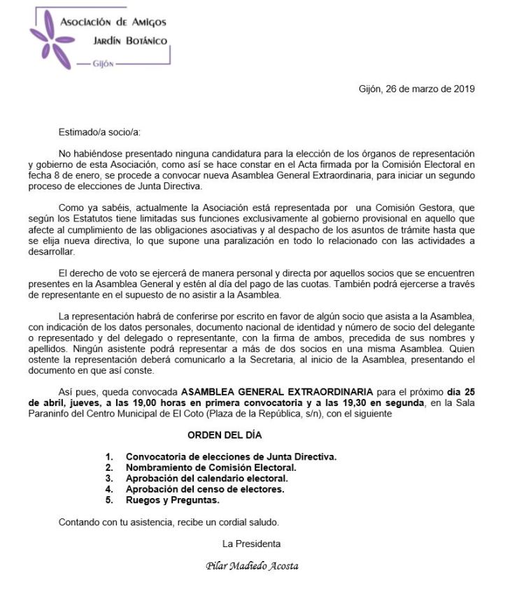 Junta Extraordinaria Asociación de Amigos del Botanico de Gijón